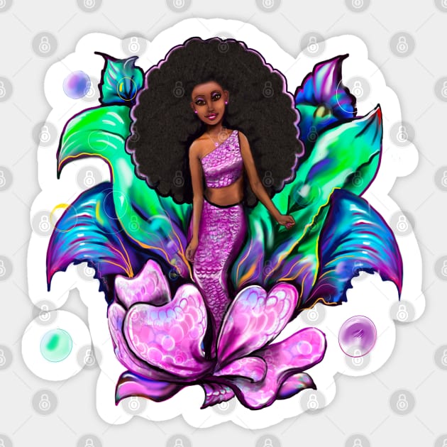 Top 10 of the Best Mermaid gifts 2022 Coco the Magical rainbow mermaid with brown eyes, flowing Afro hair and caramel brown skin - light background Sticker by Artonmytee